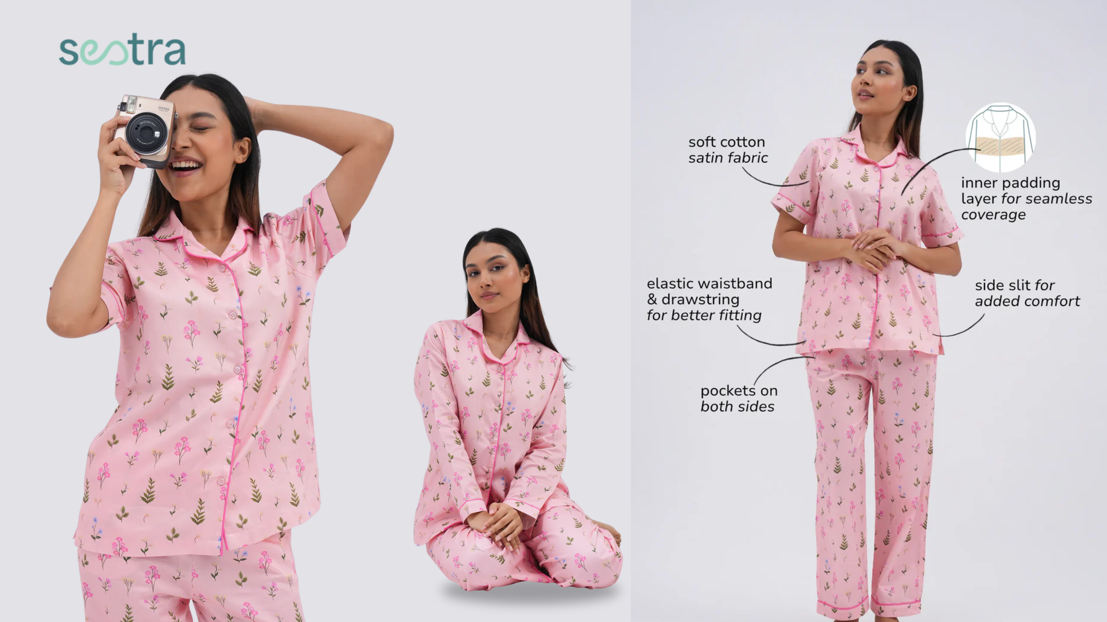 Pink floral cotton satin pajama set