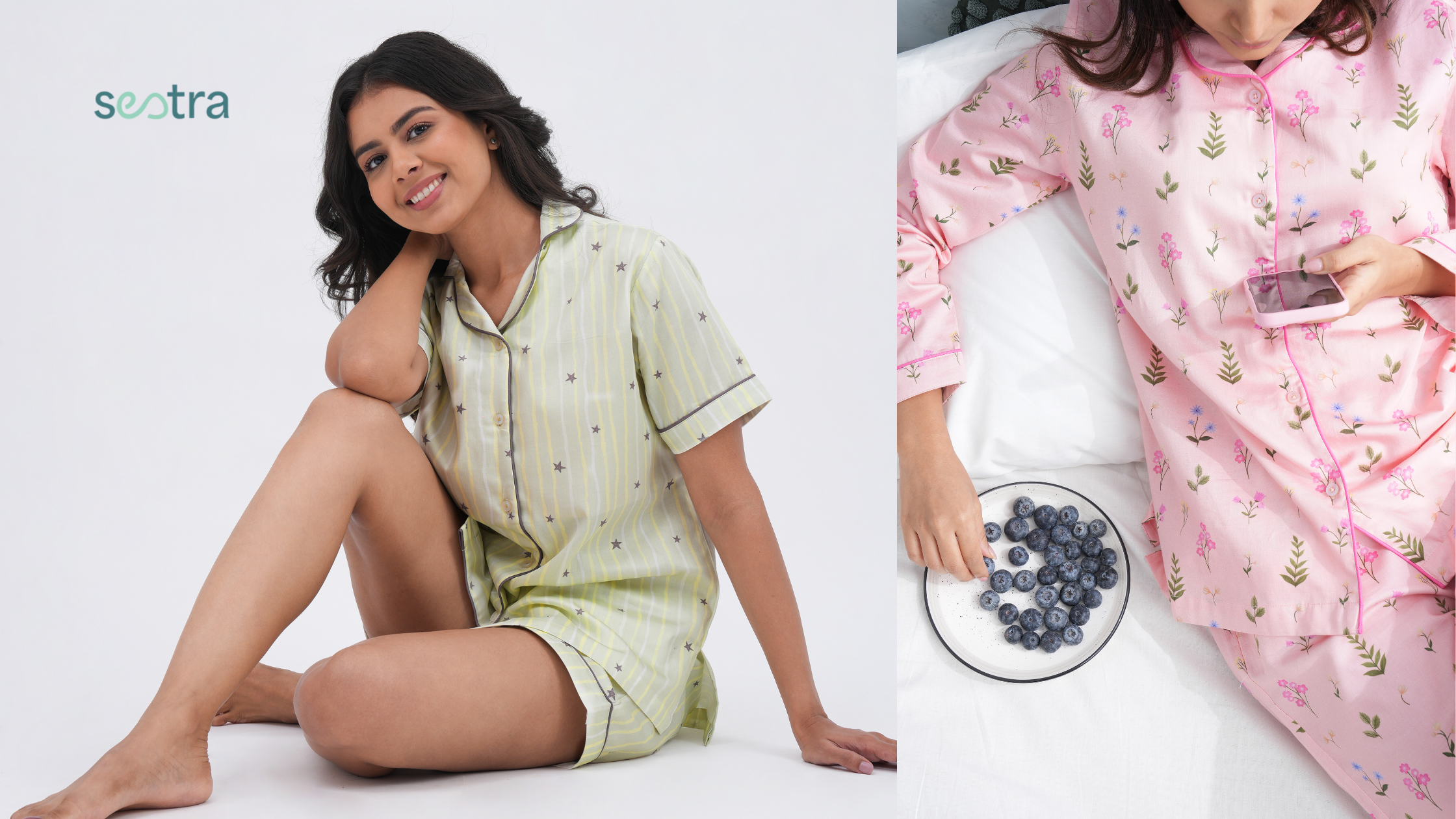 Seotra pajama sets: green shorts, pink floral