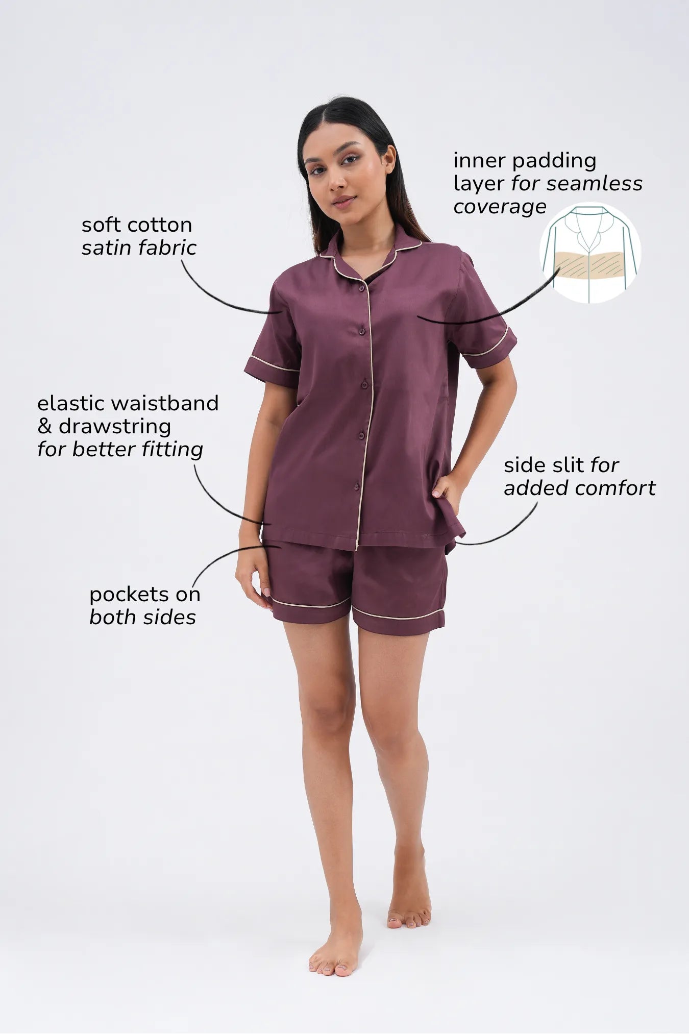 Wine down bra-less night suit shorts set