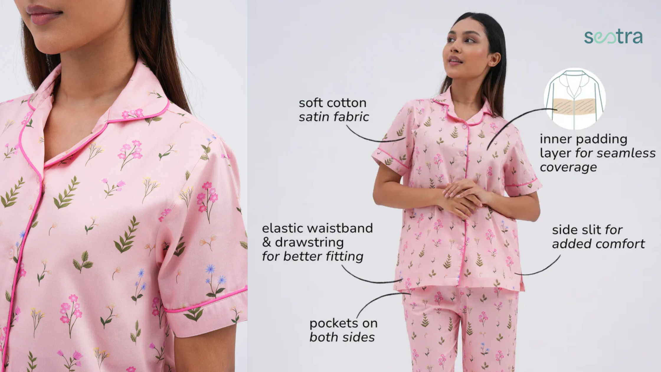 Pink floral cotton satin pajama set