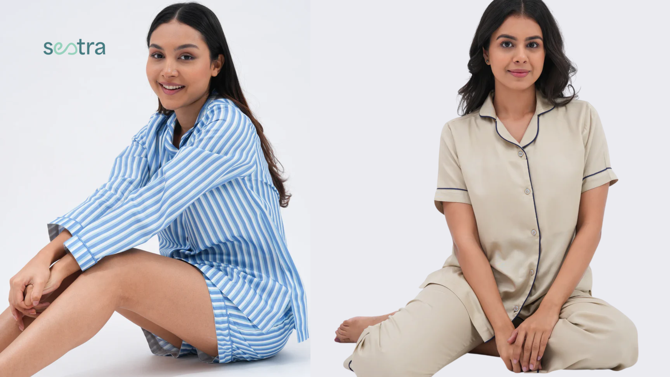 ** Left: striped pajama set. Right: tan pajama set. **