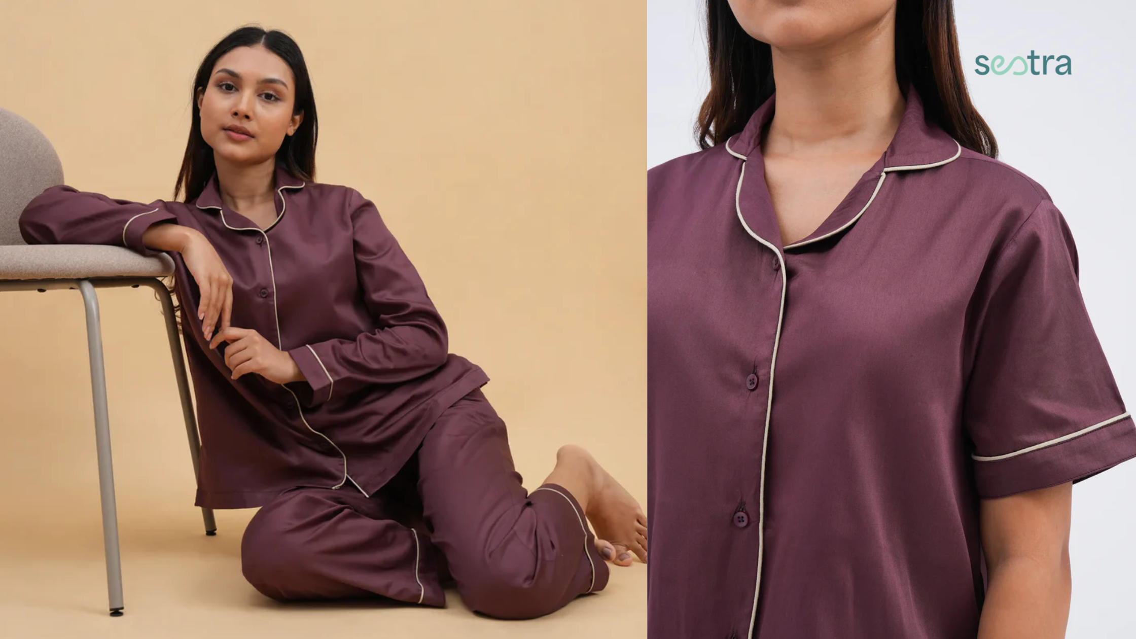 Plum pajama set with white piping